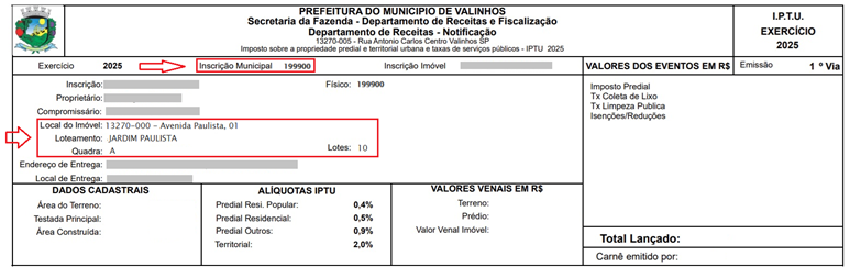 Modelo ilustrativo do Espelho de IPTU